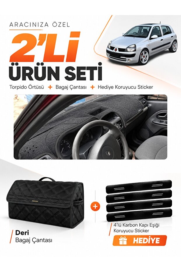 Renault Clio 2 Top Pocketed (2003-2006) Compatible Glove Box Cover + Leather Trunk Bag Set - Re008