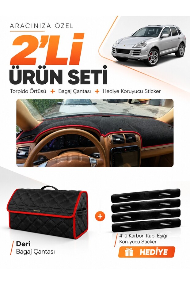 Porsche Cayenne (2002-2010) Compatible Dashboard Cover + Leather Trunk Bag + Sticker Set - Po001
