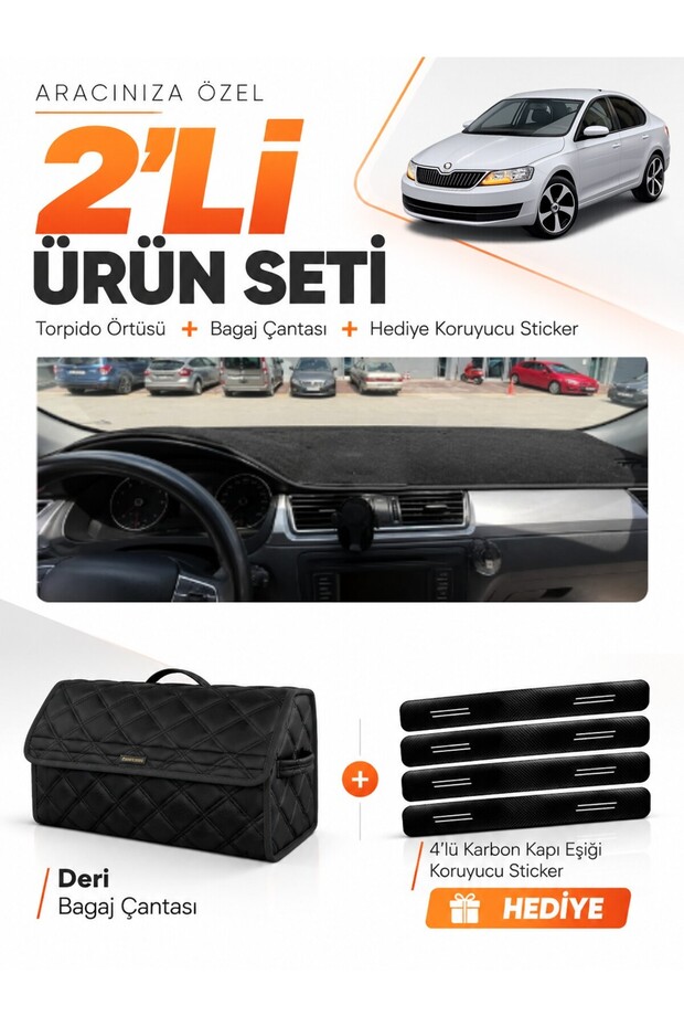 Skoda Rapid (2013-2017) Compatible Glove Box Cover + Leather Trunk Bag + Sticker Set - Sk011