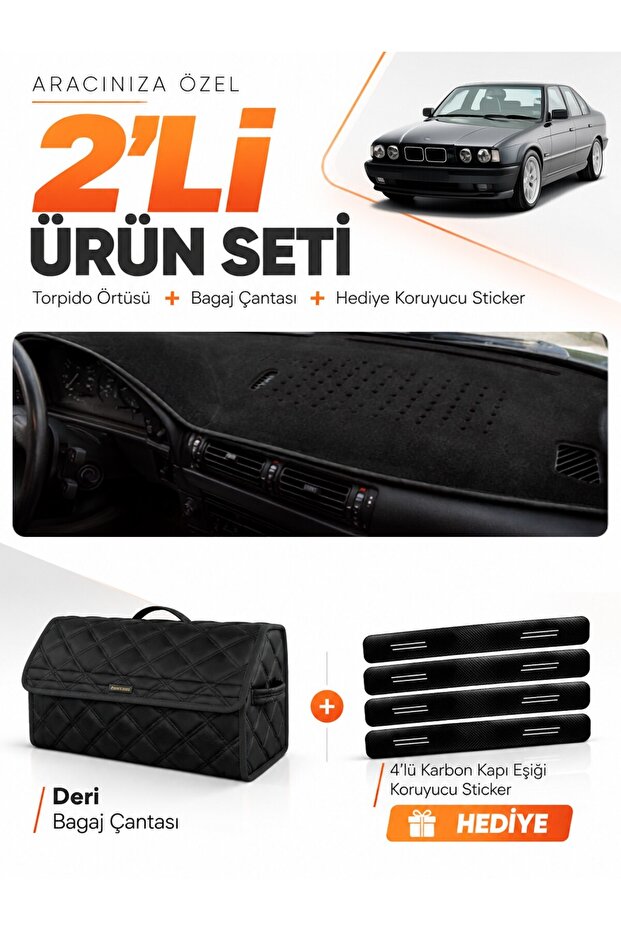 Bmw E34 (1988-1996) Compatible Glove Box Cover + Leather Trunk Bag + Sticker Set - Bm010