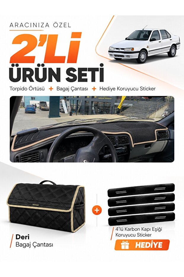 Renault 19 Europa (1996-2003) Compatible Glove Box Cover + Leather Trunk Bag + Sticker Set - Re004