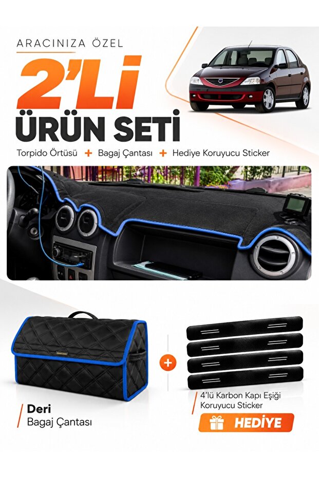 Daci̇a Logan 1 (2004-2008) Compatible Glove Box Cover + Leather Trunk Bag + Sticker Set - Da006
