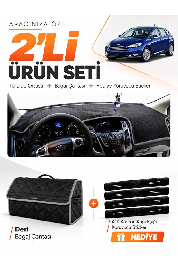 Ford Focus 3.5 Hatchback (2014-2018) Compatible Dashboard Cover + Leather Trunk Bag Set - Fo012