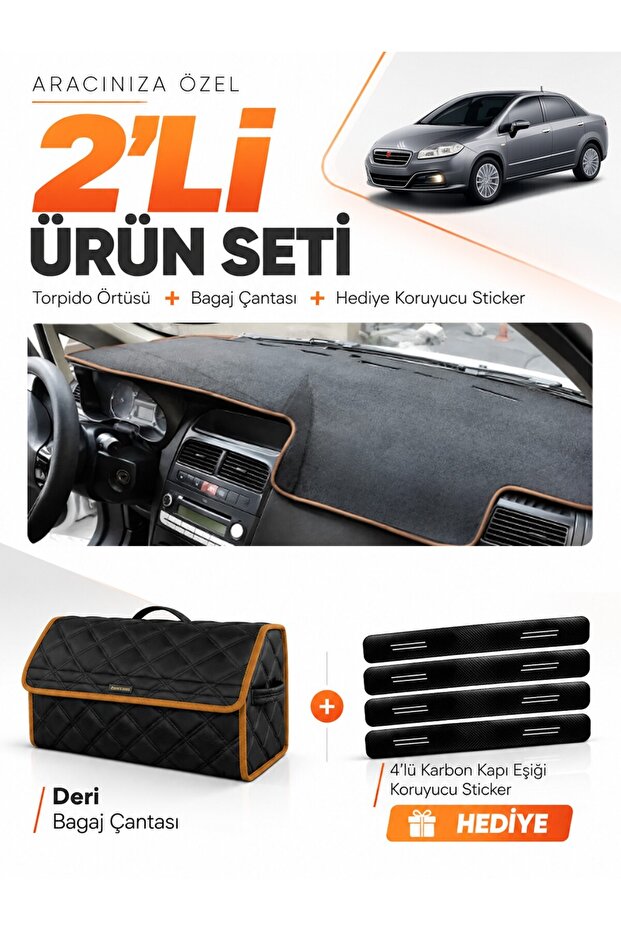 Fiat Linea (2007-2015) Compatible Dashboard Cover + Leather Trunk Bag + Sticker Set - Fi015