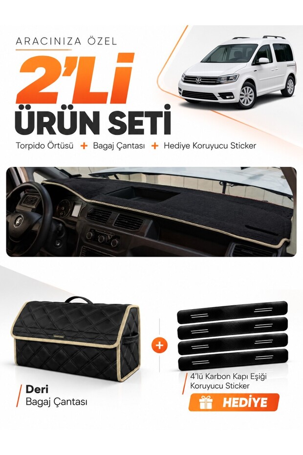 Volkswagen Caddy (2015-2019) Compatible Dashboard Cover + Leather Trunk Bag + Sticker Set - Vw002