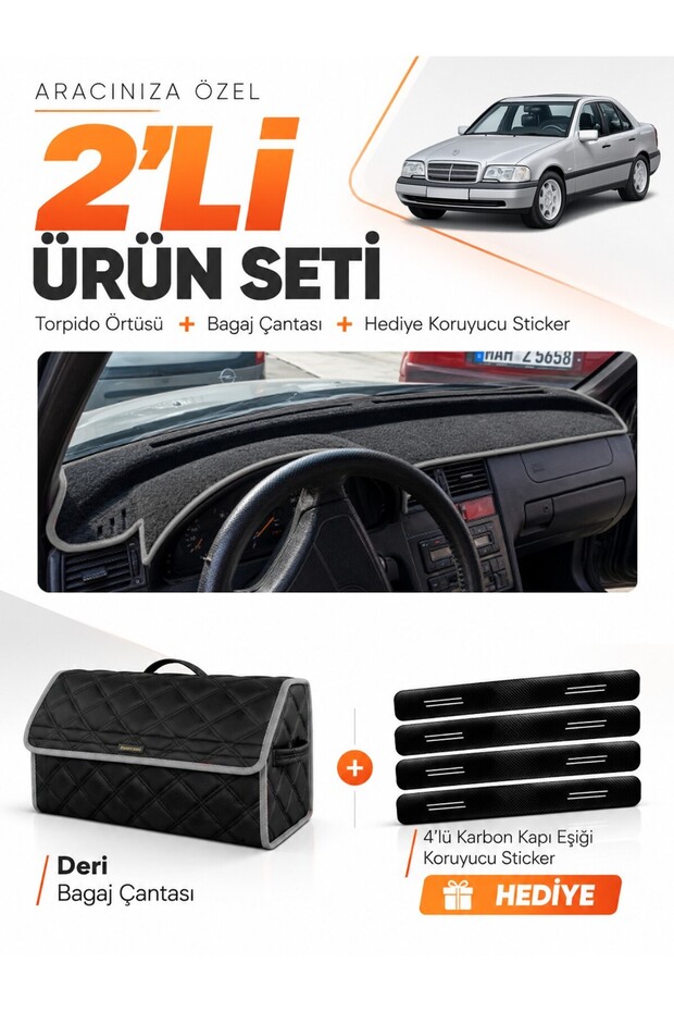 Mercedes W202 C-Class (1993-2000) Compatible Glove Box Cover + Leather Trunk Bag + Sticker Set - Mb004