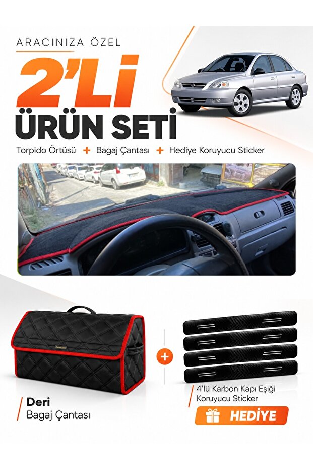 Kia Rio (2000-2005) Compatible Torpedo Cover + Leather Luggage Bag + Sticker Set - Ki011