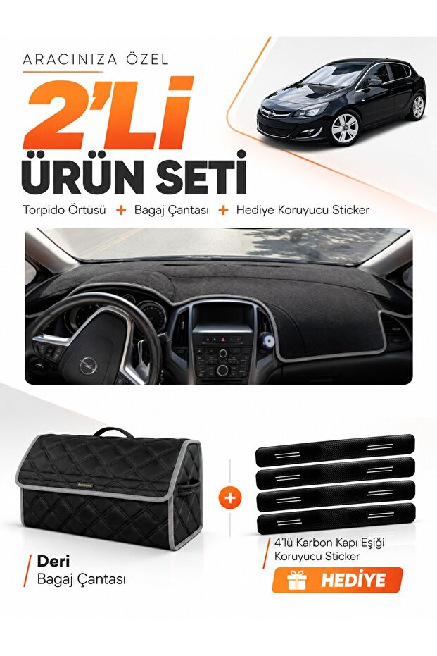 Opel Astra J (2009-2020) Compatible Dashboard Cover + Leather Trunk Bag + Sticker Set - Op004