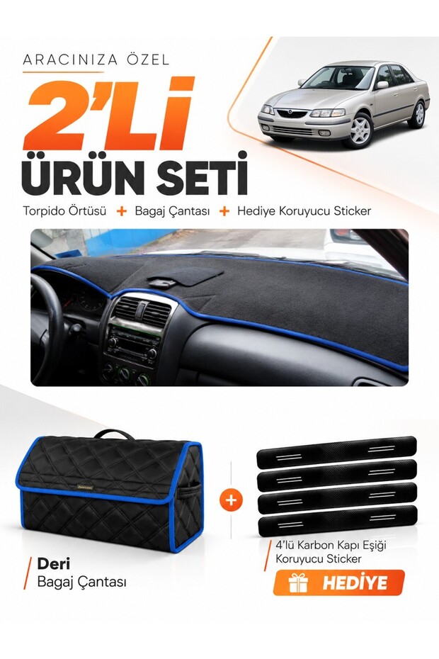 Mazda 626 Without Airbags (1998-2000) Compatible Glove Box Cover + Leather Trunk Bag + Sticker Set - Ma010