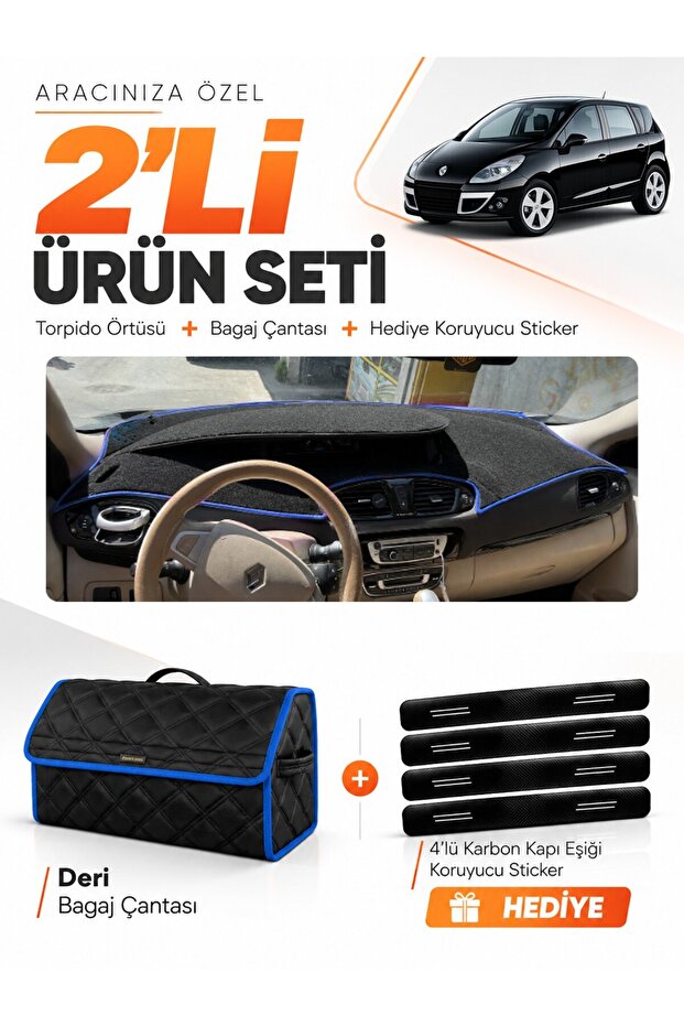 Renault Scenic 3 (2009-2016) Compatible Glove Box Cover + Leather Trunk Bag + Sticker Set - Re045