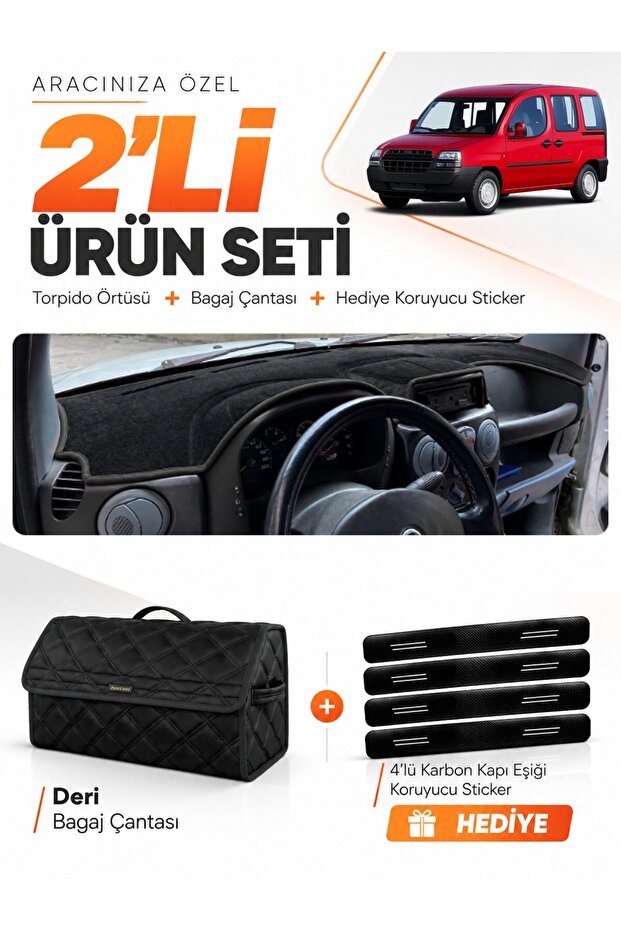 Fiat Doblo (2000-2008) Small Screen Without Airbags Compatible Glove Box Cover + Leather Trunk Bag Set - Fi005