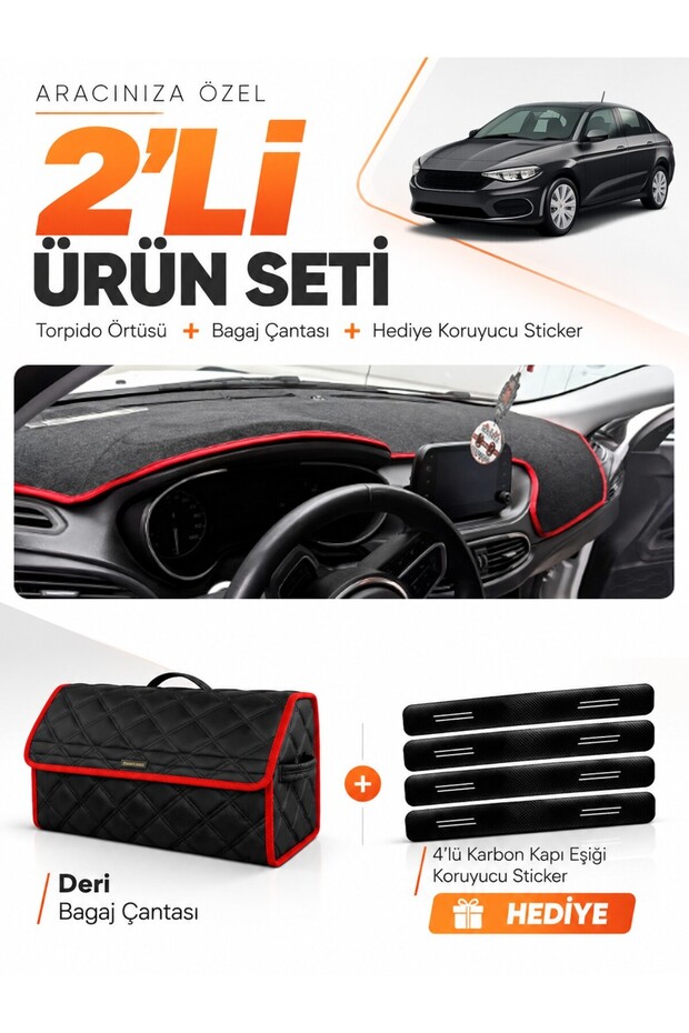 Fi̇at Egea Sedan (2019-2026) Compatible Torpedo Cover with Tablet Holder + Leather Trunk Bag Set - Fi012