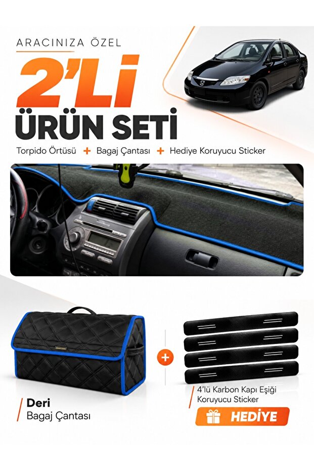 Honda City (2002-2007) Compatible Dashboard Cover + Leather Trunk Bag + Sticker Set - Ho002