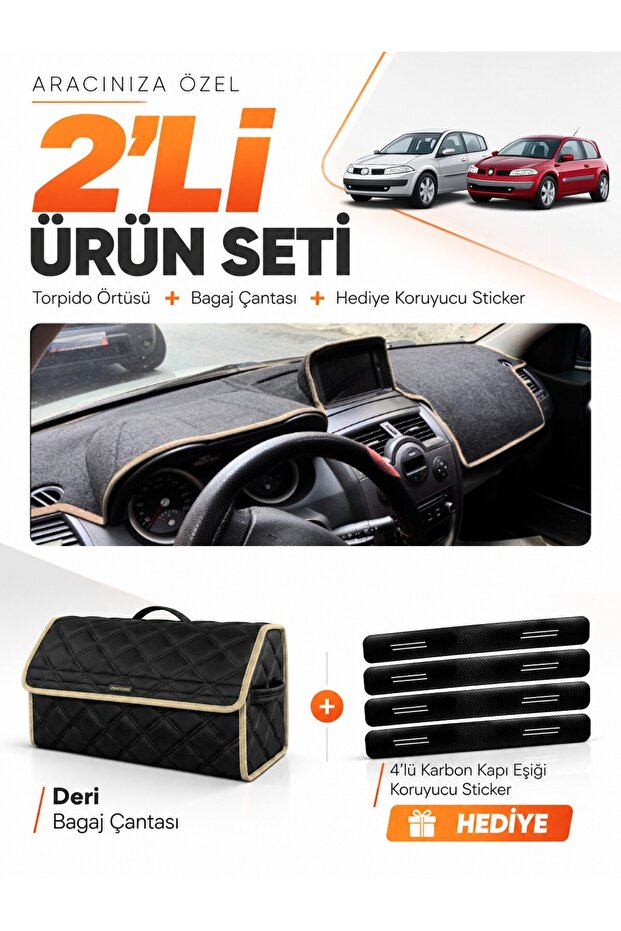 Renault Megane 2 Large Screen (2002-2009) Compatible Glove Box Cover + Leather Trunk Bag Set - Re040