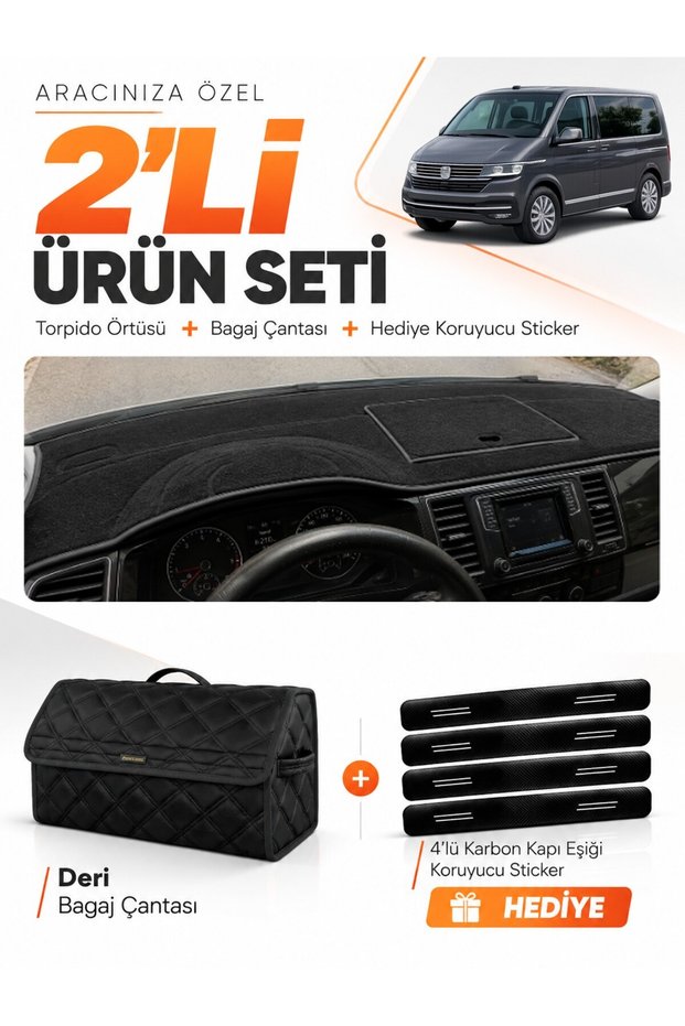 Glove Box Cover + Leather Bag Set Compatible with Volkswagen Transporter T6 Covered (2015-2020) - Vw030