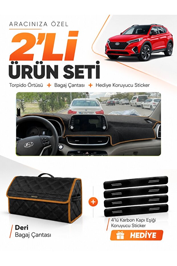 Hyundai Tucson (2018-2021) Compatible Glove Box Cover + Leather Trunk Bag + Sticker Set - Hu036