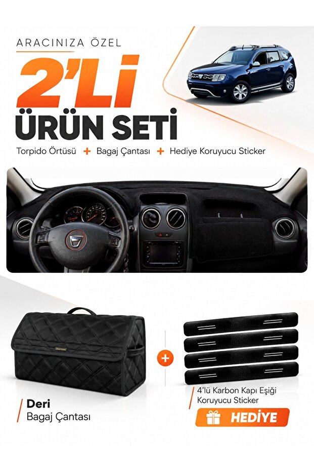 Daci̇a Duster 1St Generation Facelifted (2013-2017) Compatible Glove Box Cover + Leather Trunk Bag Set - Da009