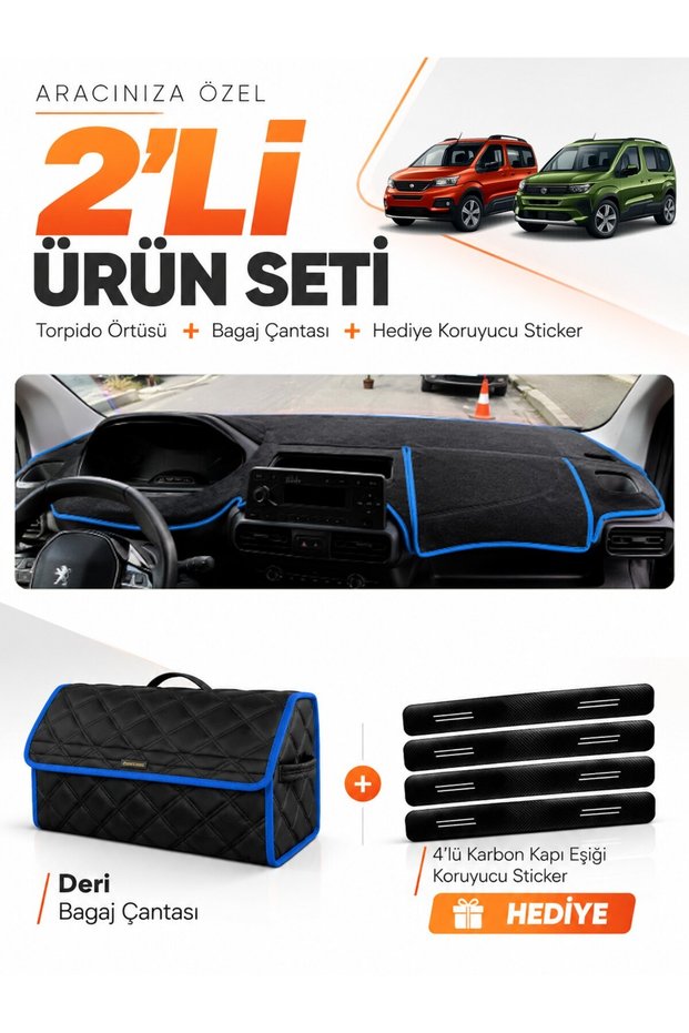 Dashboard Cover + Leather Trunk Bag + Sticker Set Compatible with Peugeot Rifter (2018-2026) - Pe028