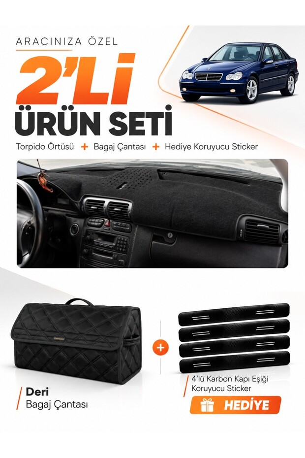Mercedes W203 C-Class (2000-2007) Compatible Glove Box Cover + Leather Trunk Bag + Sticker Set - Mb005