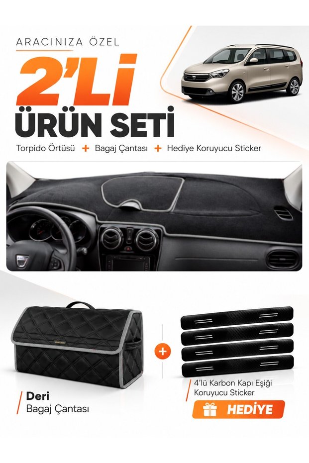 Dashboard Cover + Leather Trunk Bag + Sticker Set Compatible with Dacia Lodgy (2010-2017) - Da007