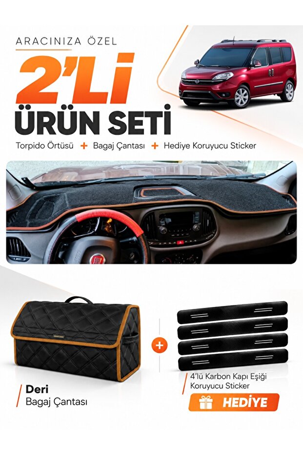 Fiat Doblo (2015-2023) Compatible Dashboard Cover + Leather Trunk Bag + Sticker Set - Fi009