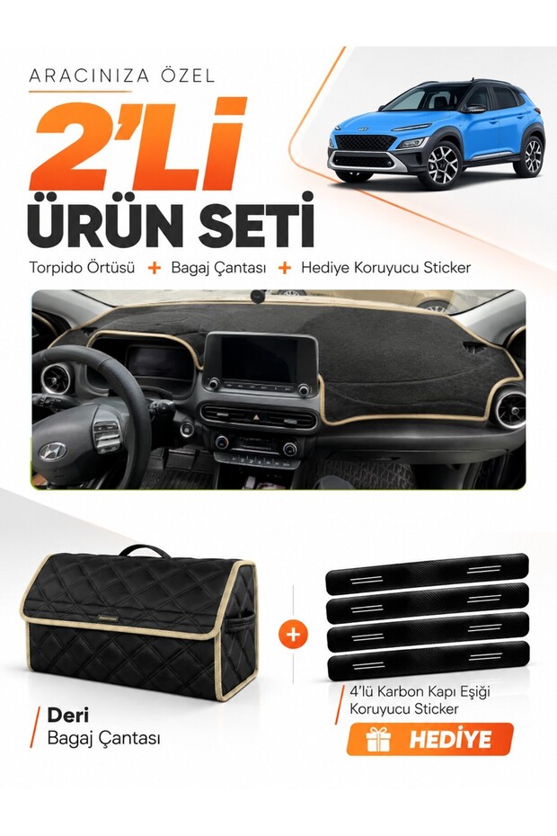 Hyundai Kona (2020-2022) Compatible Glove Box Cover + Leather Trunk Bag + Sticker Set - Hu038