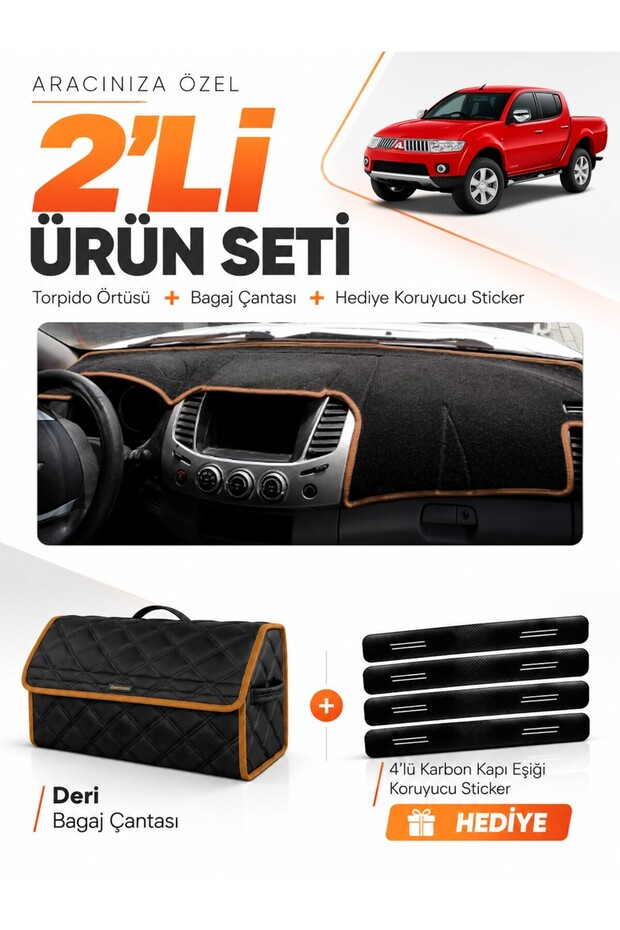 Mitsubishi L200 (2005-2015) Compatible Glove Box Cover + Leather Luggage Bag + Sticker Set - Mi007