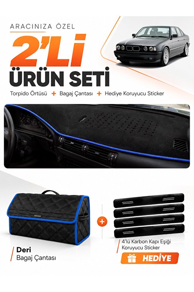 Bmw E34 (1988-1996) Compatible Glove Box Cover + Leather Trunk Bag + Sticker Set - Bm010