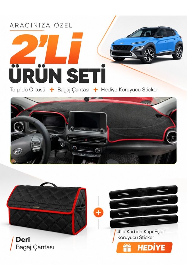 Hyundai Kona (2020-2022) Compatible Glove Box Cover + Leather Trunk Bag + Sticker Set - Hu038