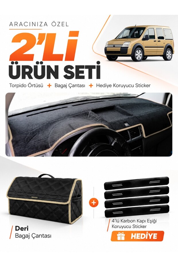 Ford Connect (2002-2008) Compatible Glove Box Cover + Leather Trunk Bag + Sticker Set - Fo016