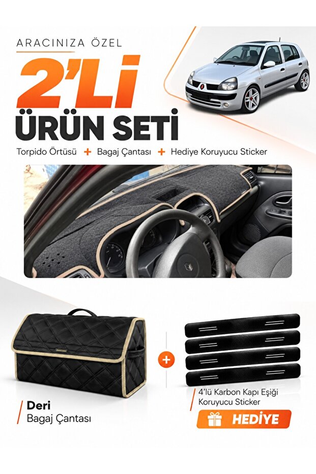 Renault Clio 2 Top Pocketed (2003-2006) Compatible Glove Box Cover + Leather Trunk Bag Set - Re008