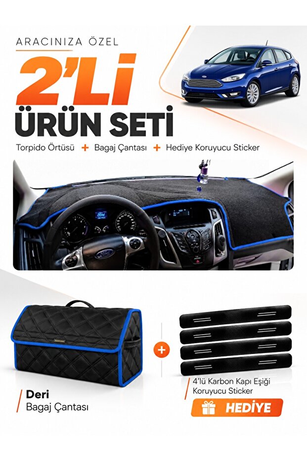 Ford Focus 3.5 Hatchback (2014-2018) Compatible Dashboard Cover + Leather Trunk Bag Set - Fo012
