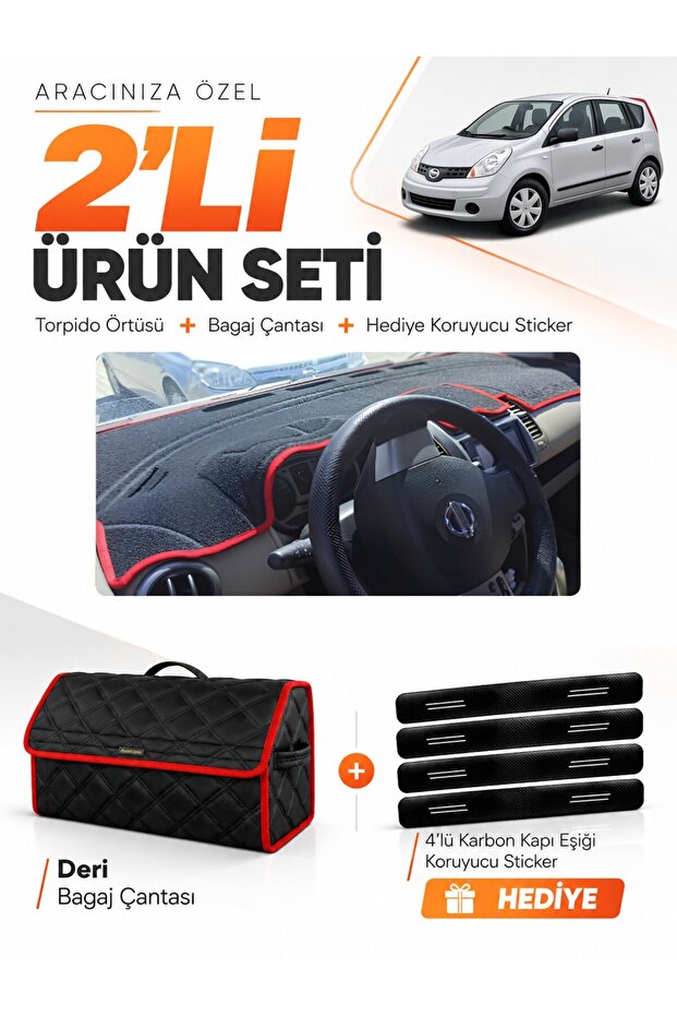 Nissan Note E11 (2005-2009) Compatible Torpedo Cover + Leather Trunk Bag + Sticker Set - Ni010