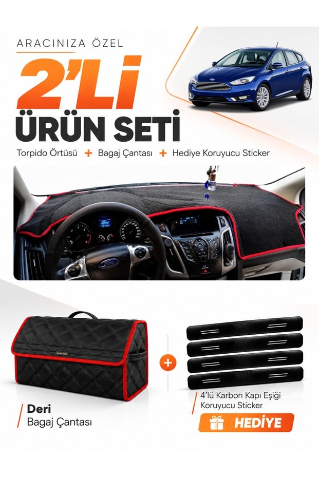 Ford Focus 3.5 Hatchback (2014-2018) Compatible Dashboard Cover + Leather Trunk Bag Set - Fo012