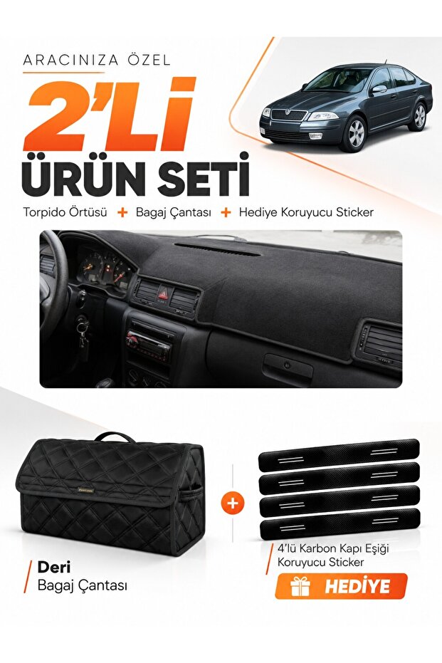 Skoda Octavia (2000-2008) Compatible Dashboard Cover + Leather Trunk Bag + Sticker Set - Sk008
