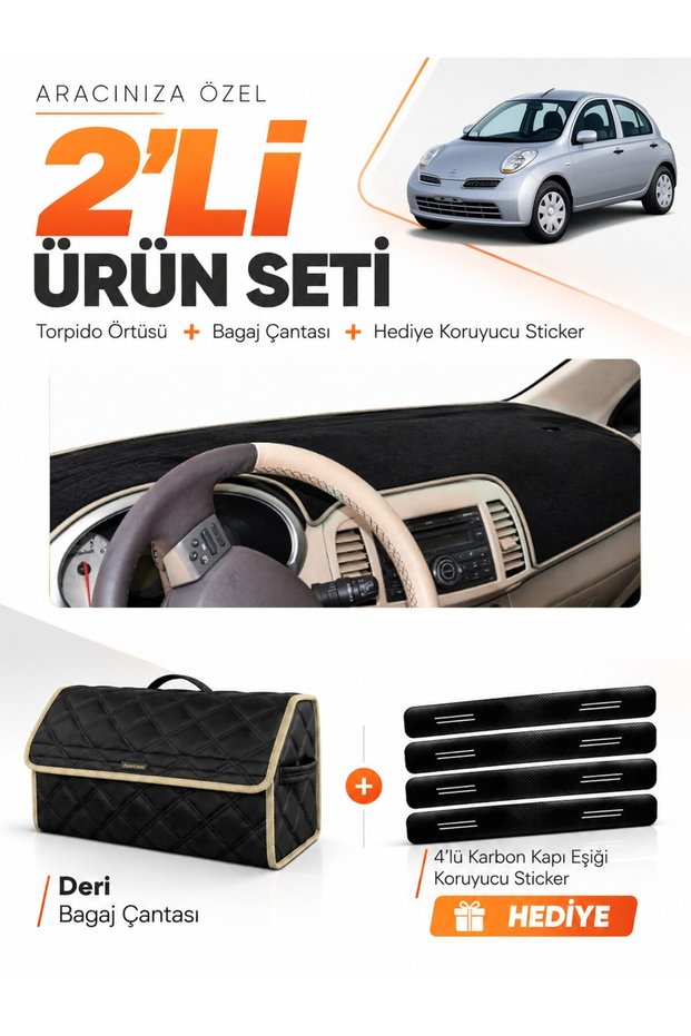Glove Box Cover + Leather Luggage Bag + Sticker Set Compatible with Nissan Micra March (2005-2010) - Ni007