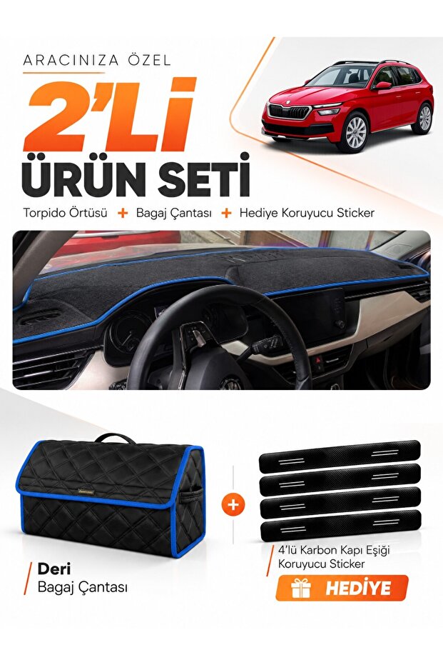 Skoda Kamiq (2020-2025) Compatible Dashboard Cover + Leather Trunk Bag + Sticker Set - Sk005