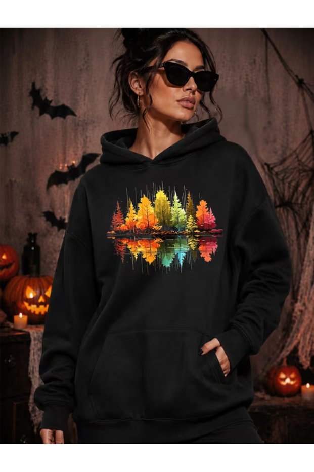 Women's Autumn Colorful Trees Printed Premium Hooded Oversized 2 Thread Sweatshirt