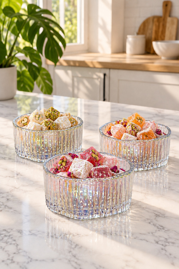 3-Piece Glass Snack Bowl Set 260 ml Multi-Colored Titanium Coated Decorative Presentation Bowl Turkish Delight Bowl Gift Dowry Box