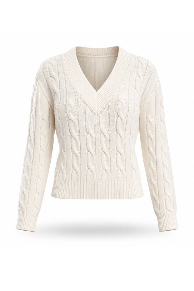 Ecru V-Neck Hair Knit Sweater 190877