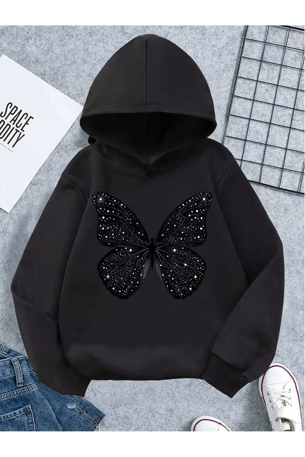 Black Butterfly Printed Casual Sweatshirt