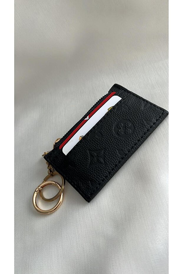 Wallet Women's Black Color Embossed Patterned Card Holder Wallet – 4 Card Compartments, Zippered Coin Compartment, Chain for Attaching to Bags
