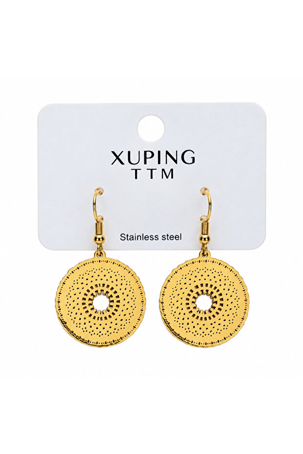 Xuping Ttm Steel Gold Color Round Patterned Dangle Earrings with Authentic Pattern