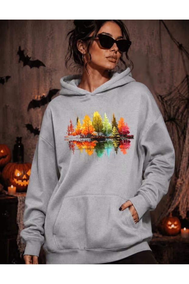 Women's Autumn Colorful Trees Printed Premium Hooded Oversized 2 Thread Sweatshirt