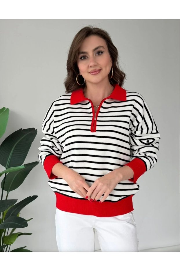 Women's Knit Polo Collar Striped Sweater