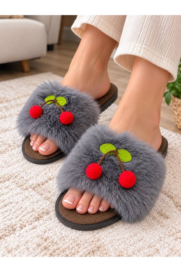 Women's Plush Fur Soft-Sole Lightweight Slippers with Cherry Details