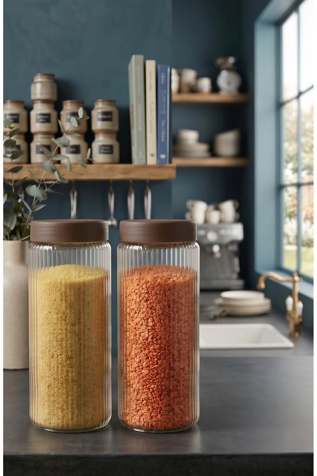 Set of 2 1500 ml Striped Glass Jars | Plastic Cover | Food and Legume Storage Container | Kitchen Organizer