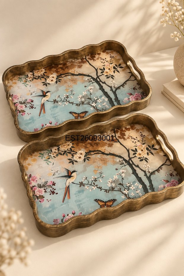 Flower and Bird Patterned Decorative Rectangular Tray Set of 2, Gold Look Wavy Edge and Handle Presentation Tray 26.5 × 40 × 4.5 cm 2-Piece Tray