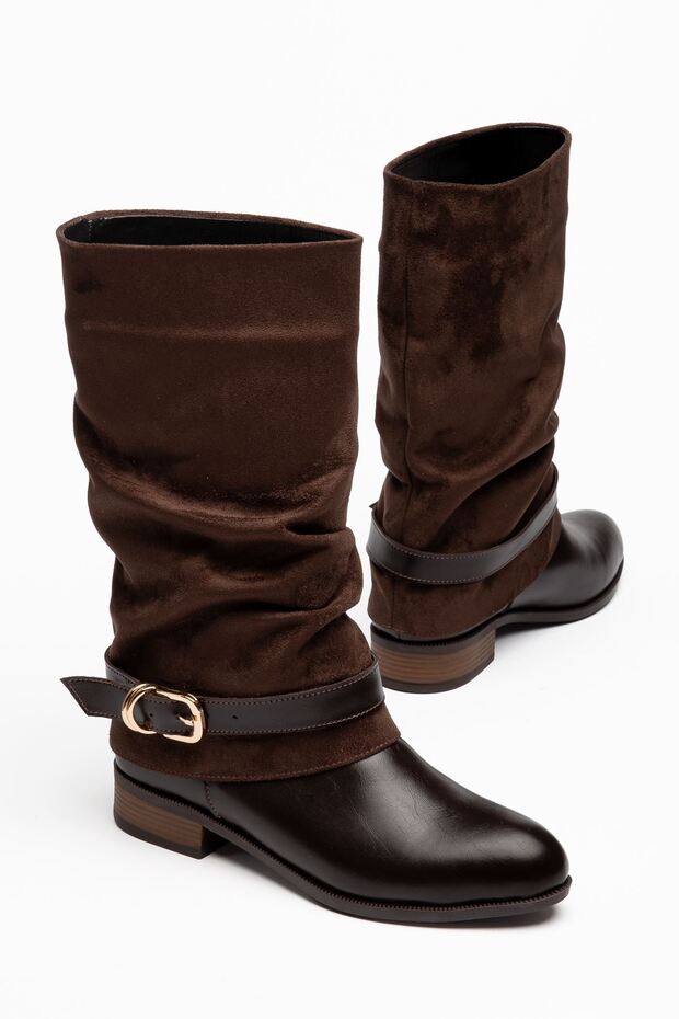 Nare Women's Brown Shiny Leather Suede Short Boots with Buckle Detail