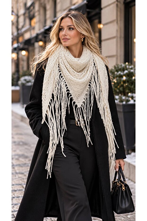 Ecru Tassel Fringed Triangle Women's Shawl